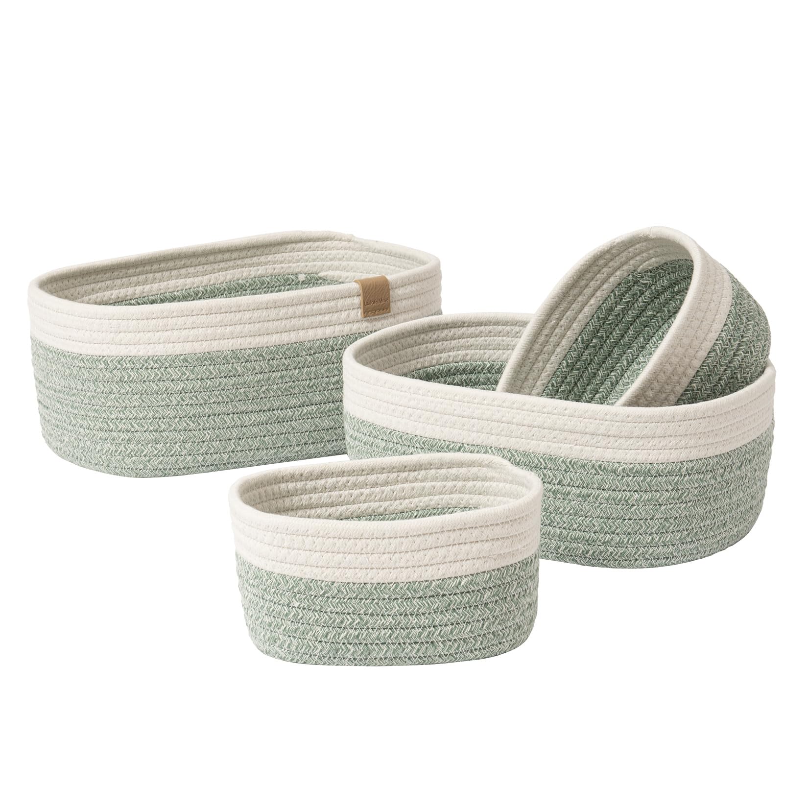 LA JOLIE MUSE Rope Storage Baskets for Organizing, Small Cotton Woven Basket for Bathroom Shelf Nursery, Decorative Basket Organizer Bins 4 Pack, Shell White & Ivy Green