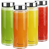 poweco Glass Juice Bottles 4 Pack 24 oz - Wide Mouth Glass Water Bottles with Lids - for Juicing, Protein, Smoothie, Milk, Reusable, BPA Free, Stainless Steel Lids, Blender, Shaker Bottle (700ml)