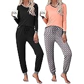 Frcdaunrs 2 Pack Womens Pajama Sets Long Sleeve Sleepwear Matching Pjs Set V Neck Loungewear with Pockets S-XXL