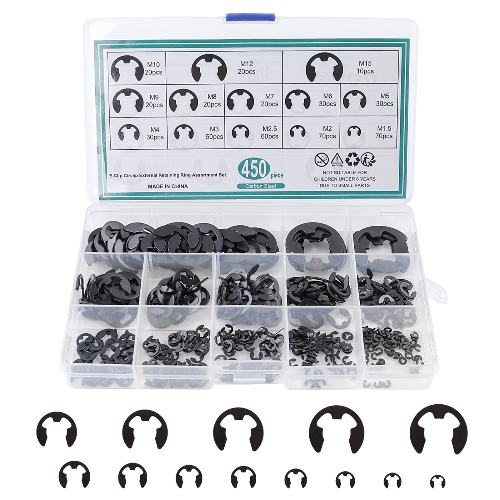 MOLENCO 450 Pcs E-Clips, Circlips Kit, Internal External Retaining Opening Ring Circlips Kit, Circlips Assorted Sizes, Carbon Steel E Clips Assortment Kits for Gears - 13 Sizes