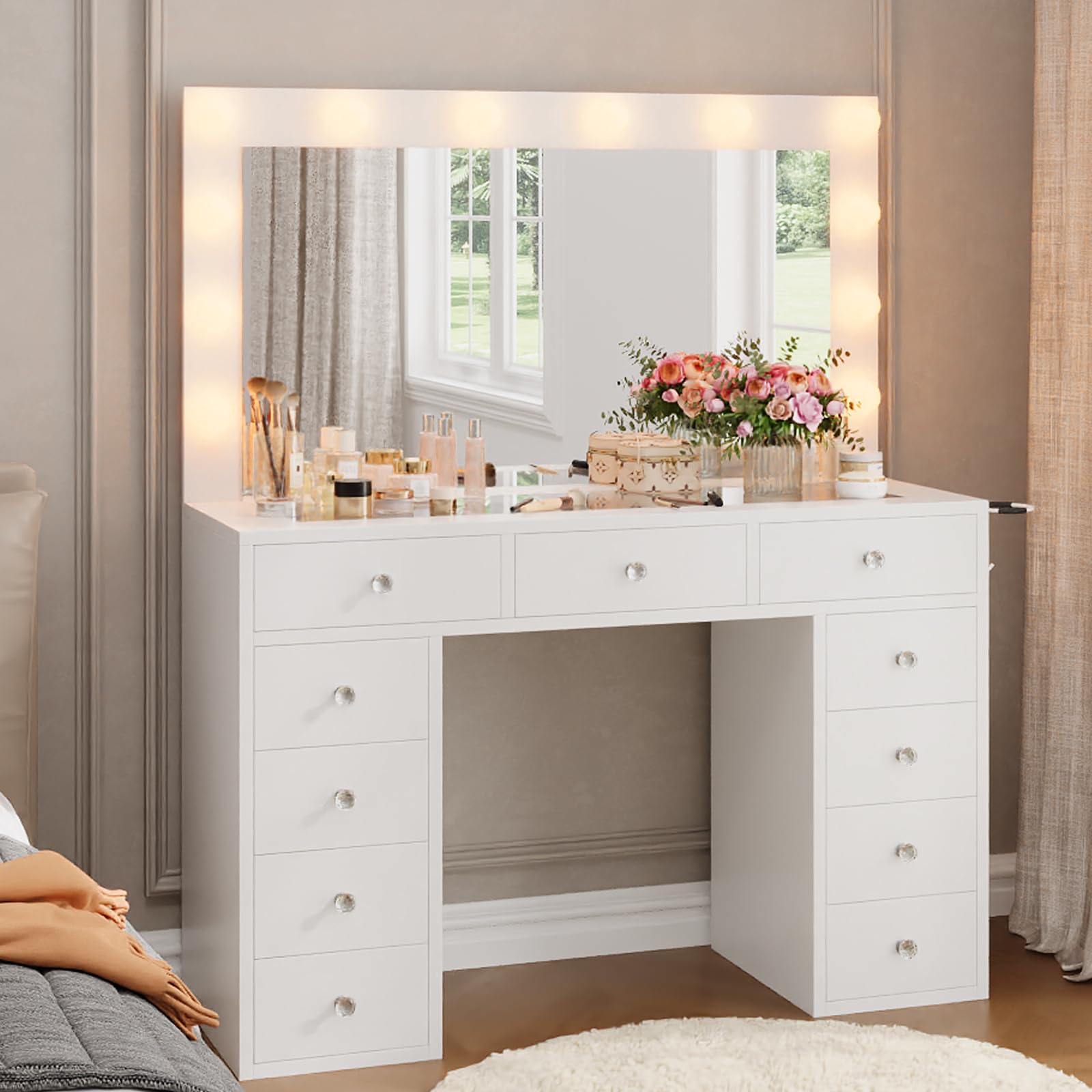 Photo 1 of OUTWIND Vanity Desk with Power Outlet, 11 Drawers Makeup Vanity with Mirror and 12 LED Lights, 3 Lighting Modes, Glass Top Vanity Set, Dressing Table for Bedroom