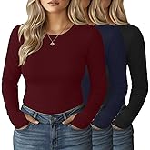 Evervibe 3 Pack Women's Plus Size Long Sleeve Shirts Crew Neck Slim Fitted Tops Casual Basic T-shirts with Thumb Holes