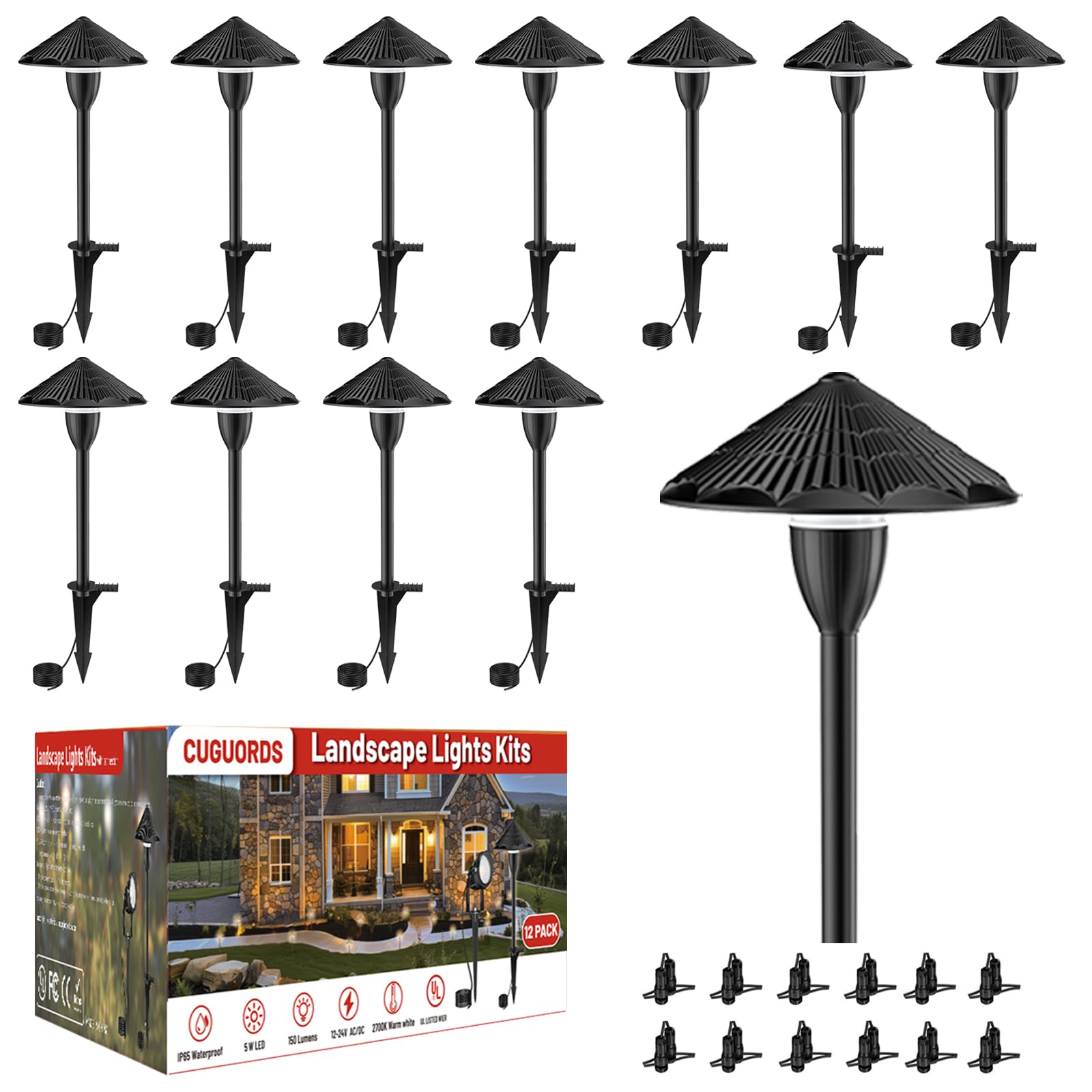 Photo 1 of Cuguords 5W Low Voltage Pathway Lights,Outdoor Wired LED Landscape Path Lights,AC/DC 12-24V UL Listed Cord Cast-Aluminum Waterproof,2700K Low Voltage Pathway Lighting for Walkway Garden Yard,12 Pack