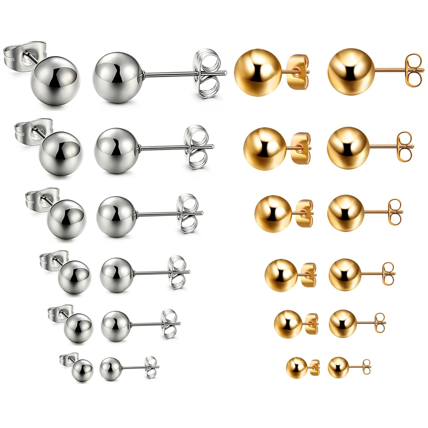 Elegel 12 pairs Stainless Steel Silver Black Classical Ball Stud Earrings Men Women, Diameter 3-8mm