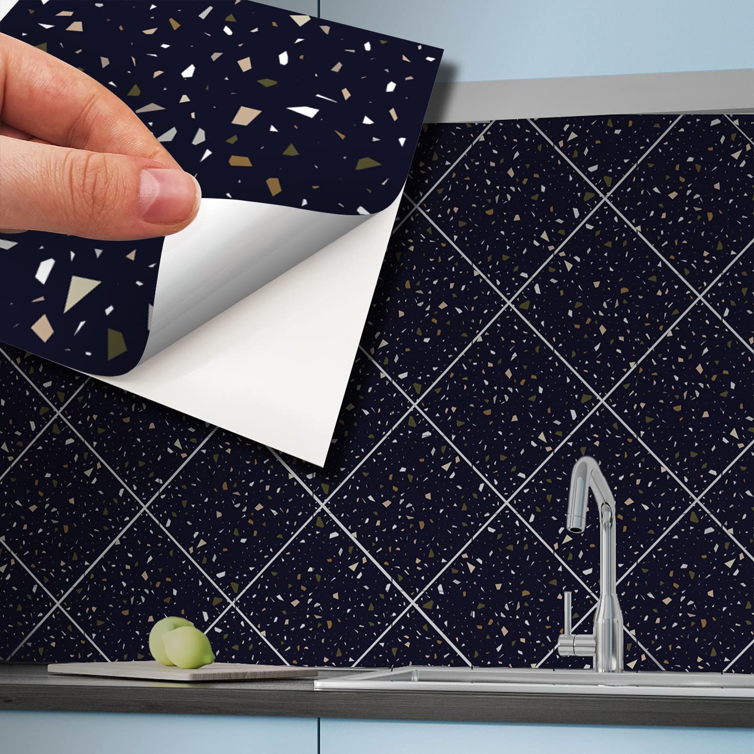 WALPLUS 15cm(6")@120pcs Dark Blue Metallic Silver Terrazzo Wall Tile Sticker Tile Paint Stick on Tiles Peel and Stick Self Adhesive Wall Tiles Stickers for Kitchen Bathroom Tile Transfer Backsplash