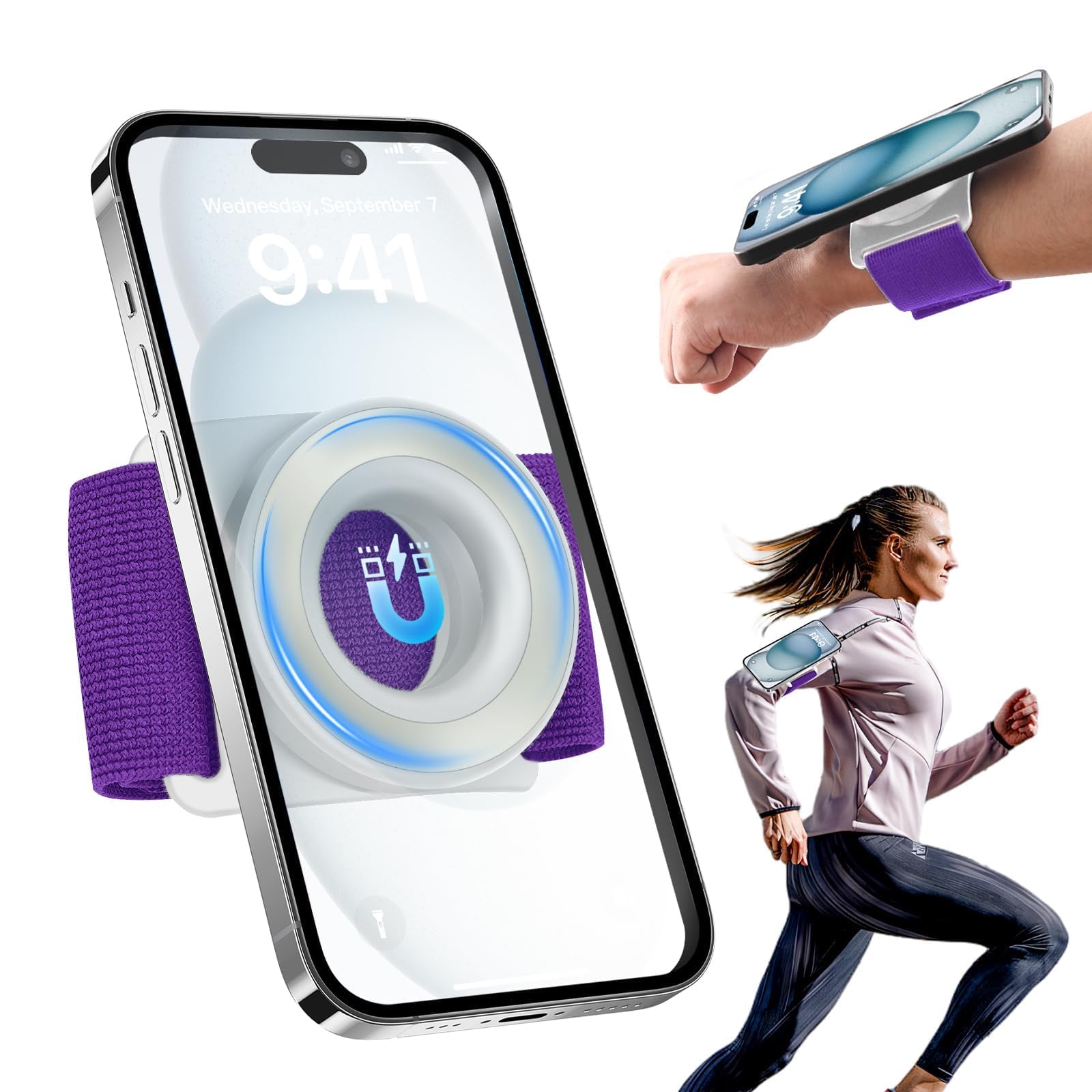 Photo 1 of TOPGO Running Phone Holder for iPhone [360° Rotatable & Upgrade Anti-Drop] Magnetic Wrist Phone Holder, Magsafe Armband Compatible with iPhone 16 Pro and Android - Purple