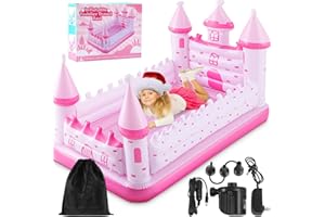 Relaxgiant Pink Castle Inflatable Kids Bed, Toddler Travel Bed with Safety Bumper and Air Mattress Portable Air Mattress with Pump for Vacation Hotel Home Sleepover Kids Gift for Birthday Christmas