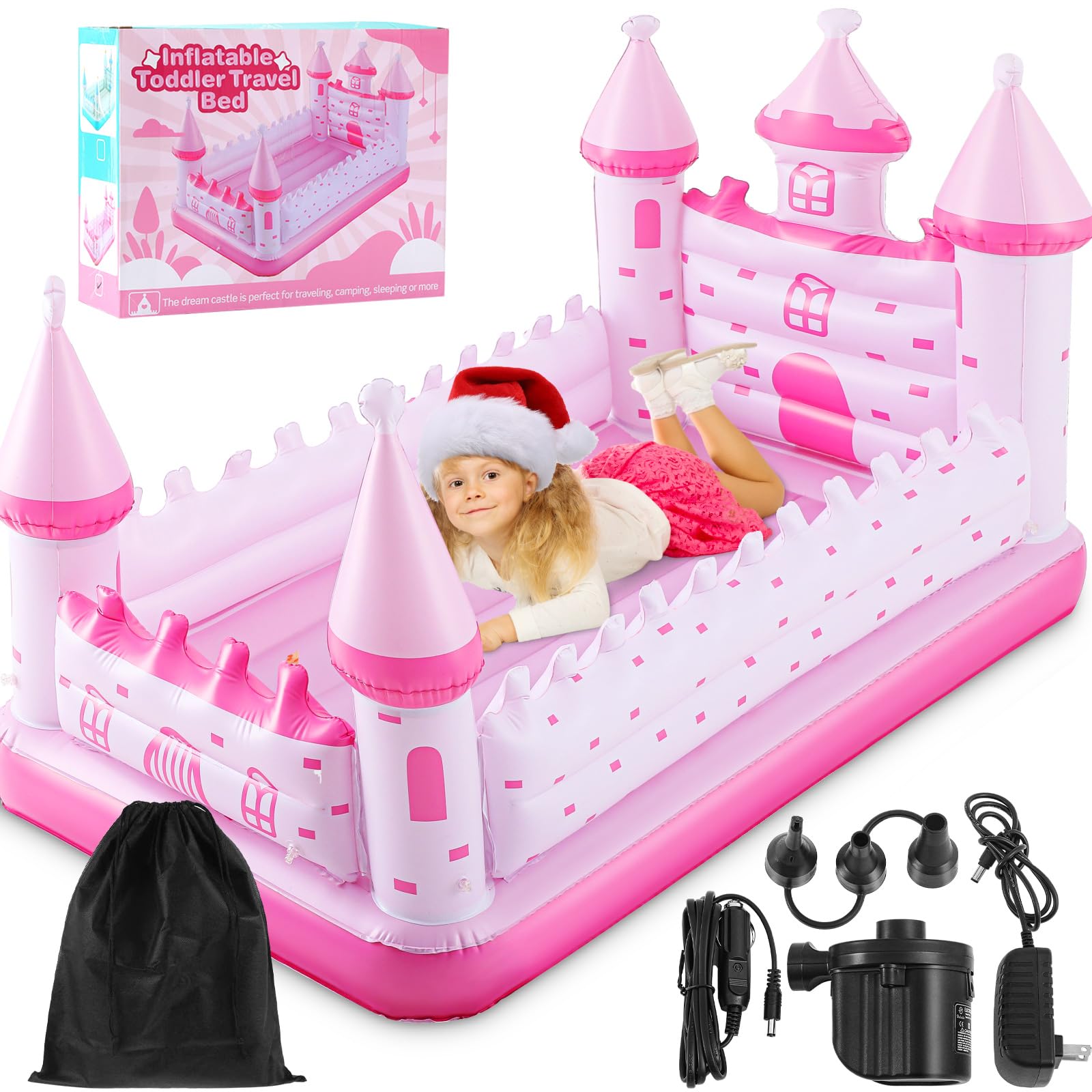 Photo 1 of Relaxgiant Pink Castle Inflatable Kids Bed, Toddler Travel Bed with Safety Bumper and Air Mattress Portable Air Mattress with Pump for Vacation Hotel Home Sleepover Kids Gift for Birthday Christmas