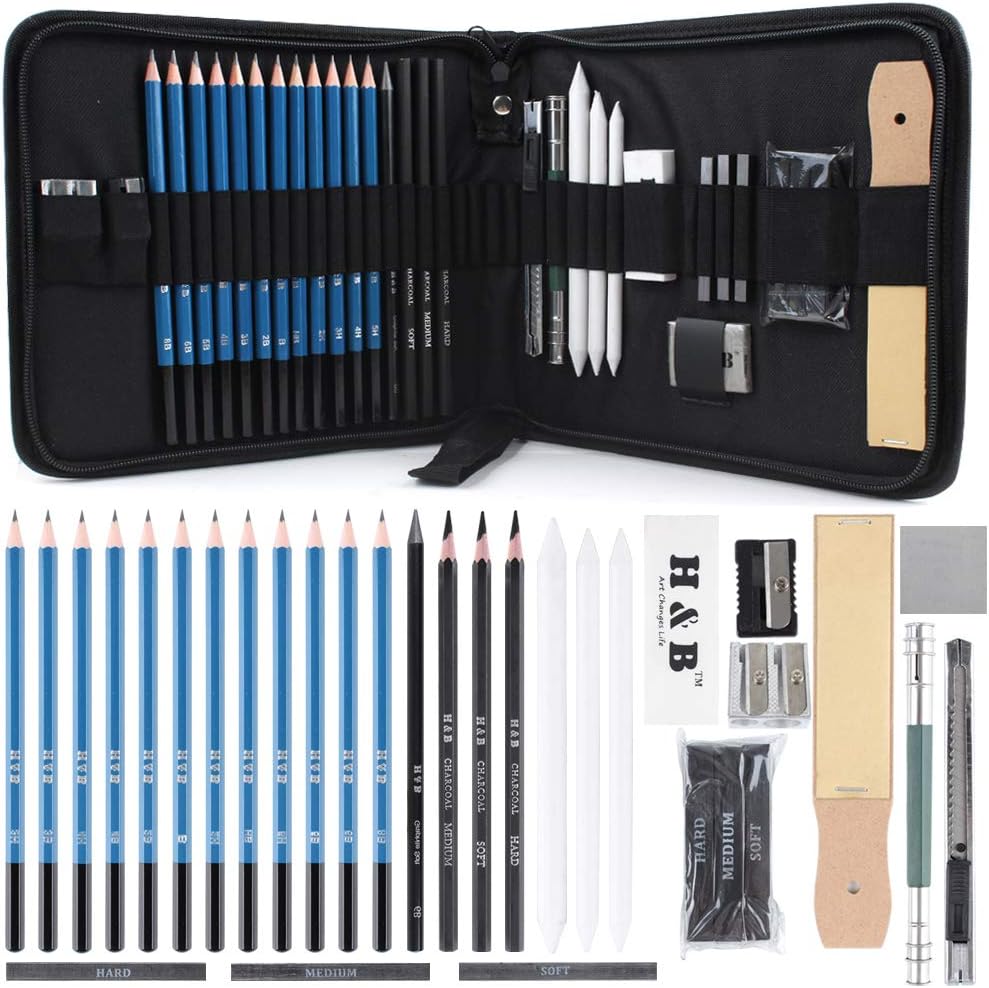 MALUX 34 Pcs Professional Sketch Drawing Pencil Set and Sketch Paper - Complete Collection of Art Tools with Portable Zipper Case for Artists, Painters, Beginners and Students