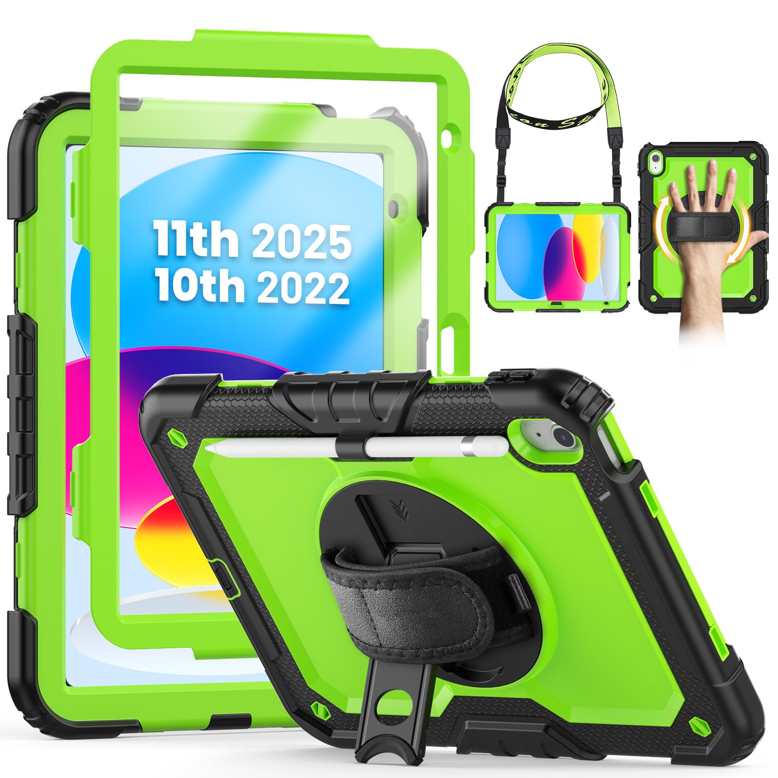 SEYMCY Case for iPad (A16) 11th/10th Generation 2025 (11 inch)/2022 (10.9 inch), Full-body Shockproof with Screen Protector, 360° Rotating Stand & Hand Strap, Carrying Strap, Pencil Holder, Green — image 1