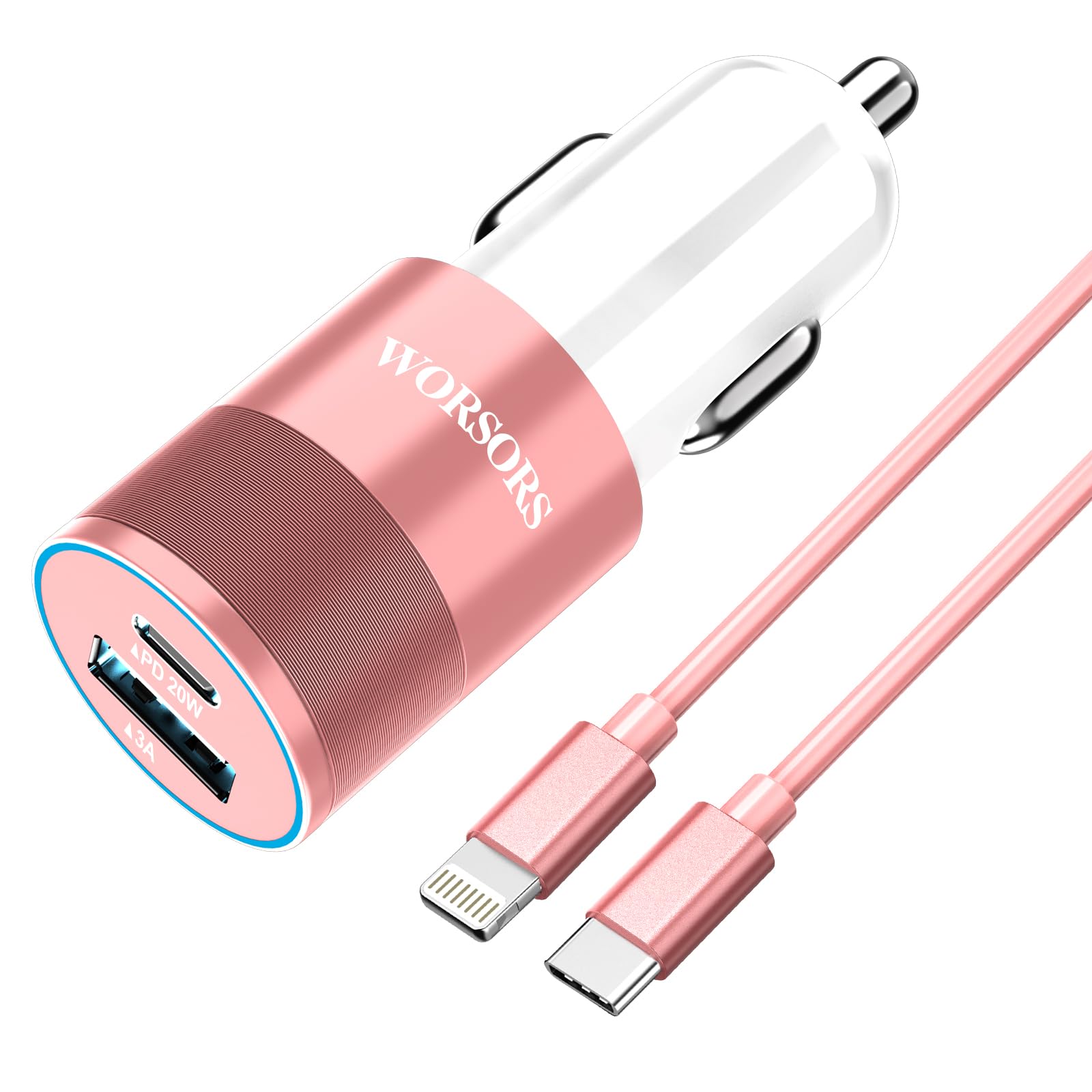 Worsors 35W USB C Fast Car Charger [Apple MFi Certified] Compatible with iPhone 14 Pro/14 Pro Max/14+/13/12/11/Mini/XS/XR/8, 20W PD3.0 Rapid Charging Adapter + 3Ft Type C to Lightning Cable - Pink