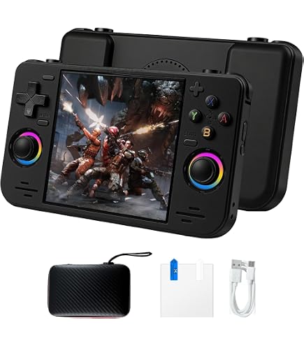 RG353V Console de jeu portable compatible avec Dual OS Android 11 et système Linux, prise en charge 2.4G/5G WiFi 4.2 Bluetooth 64G SD Card, batterie haute capacité 3200 mAh, noir transparent