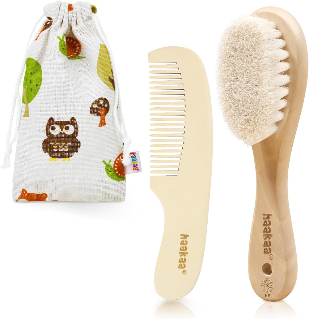 haakaa Baby Hair Brush and Comb Set with Wooden Handle 2 Pack