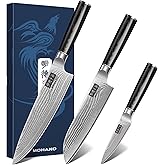 MDHAND Damascus Kitchen Knife Set, 3PCS Ultra Sharp 10Cr15CoMoV Super Steel Japanese Knife, Professional Chef Knife Set with Black Pakkawood Handle, Including Chef, Santoku & Paring Knife, Elegant Box