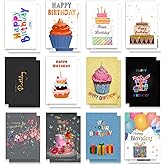 Birthday Cards Bulk 24 Pack with Envelopes & Stickers, 12 Unique Happy Birthday Designs, Blank Inside, Premium Greeting Cards for Office, Family, Friends, Teachers & Events