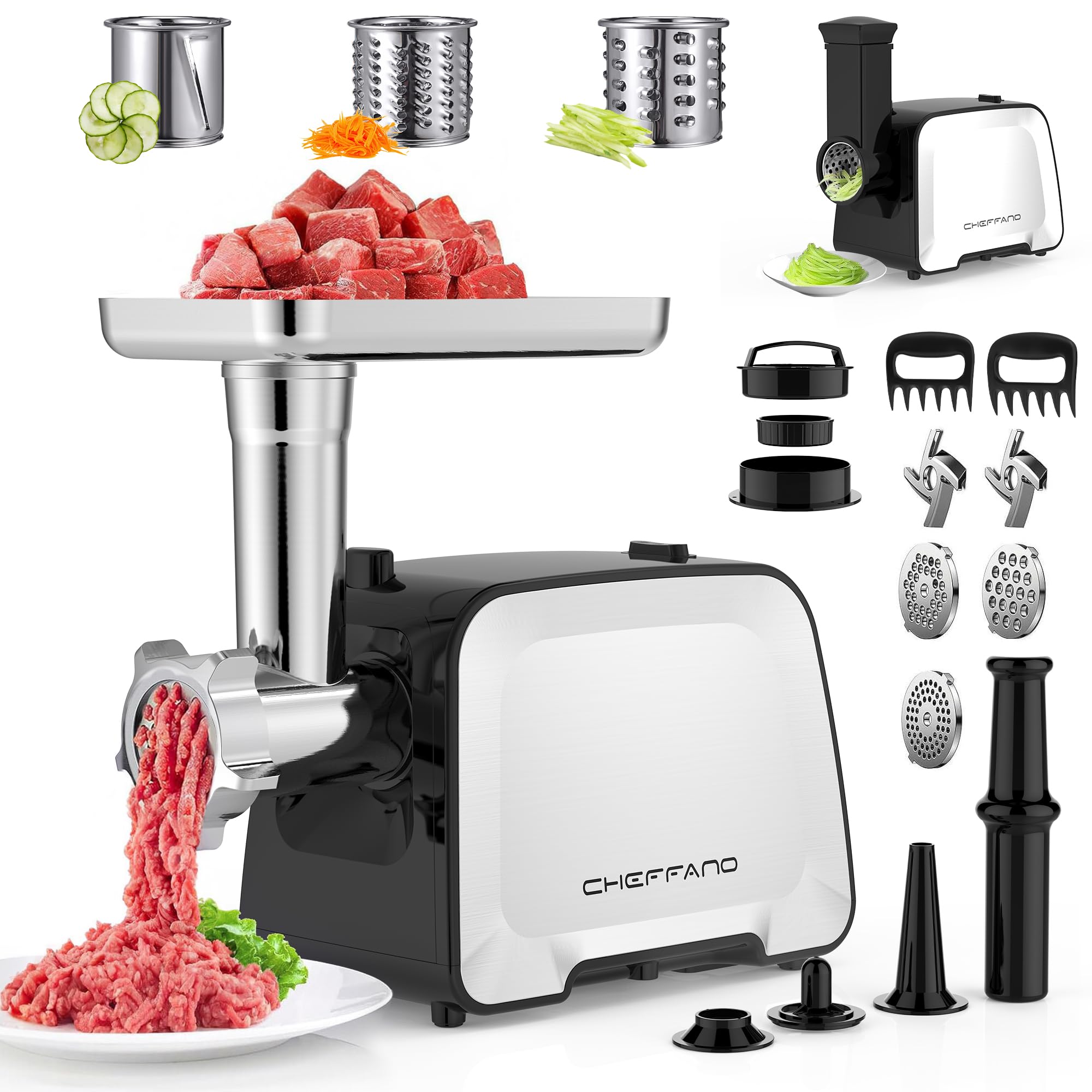 Photo 1 of CHEFFANO Life Electric Meat Grinder, 2000W Max Sausage Stuffer Maker, Vegetable Cheese Grater with 3 Shredder Slicer Blades, 2 Blades, 3 Plates, Sausage Tube, 2 Meat Claws, Burger Press & Kubbe Kit