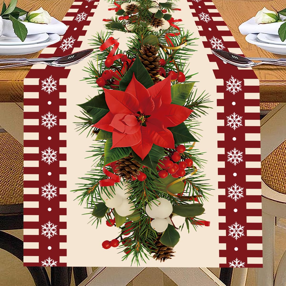 Photo 1 of Christmas Poinsettia Table Runner,Christmas Green Pine Needles Red Flower Stripe Snowflake Farmhouse Tablerunners, Seasonal Winter Kitchen Dining Table Decoration for Home Party Decor 13x72 Inch