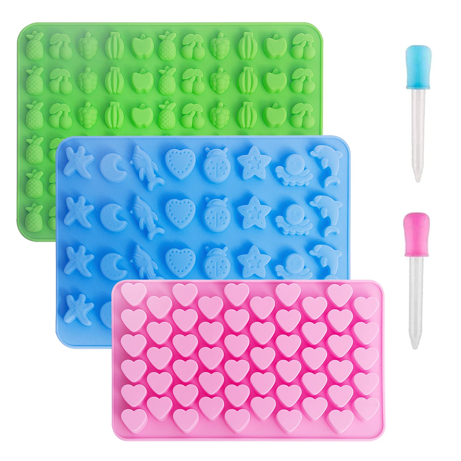 Vpqnee 3 Pack Mini Silicone Gummy Candy Chocolate Molds Contains Small Hearts, Fruits, Marine Animal Shapes and 2 Droppers for Making Gummy, Candy, Chocolate and Small Ice Cubes
