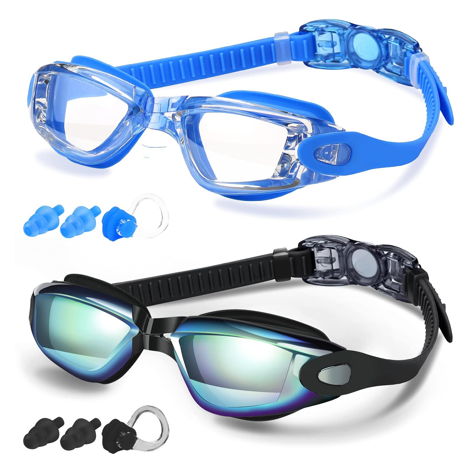 COOLOO Swimming Goggles, 2 Pack Swim Goggles for Adult Men Women Youth Kids 8+, Anti-Fog UV Protection No Leaking Nose Clip and Earplugs