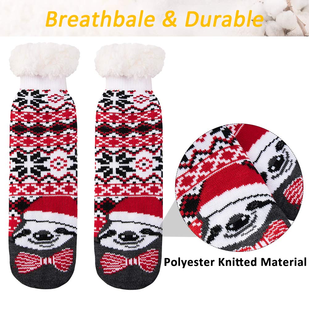 RAISEVERN Christmas Fuzzy Slipper Socks Soft Cozy Comfy Fluffy Lounge Socks With Grippers Pixilated Snowflakes Fat Sloth Childrens Warmth Hosiery Casual