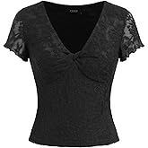 CIDER Women's Floral Lace Crop Tops V Neck Short Sleeve Going Out Tops Summer Casual Outfits