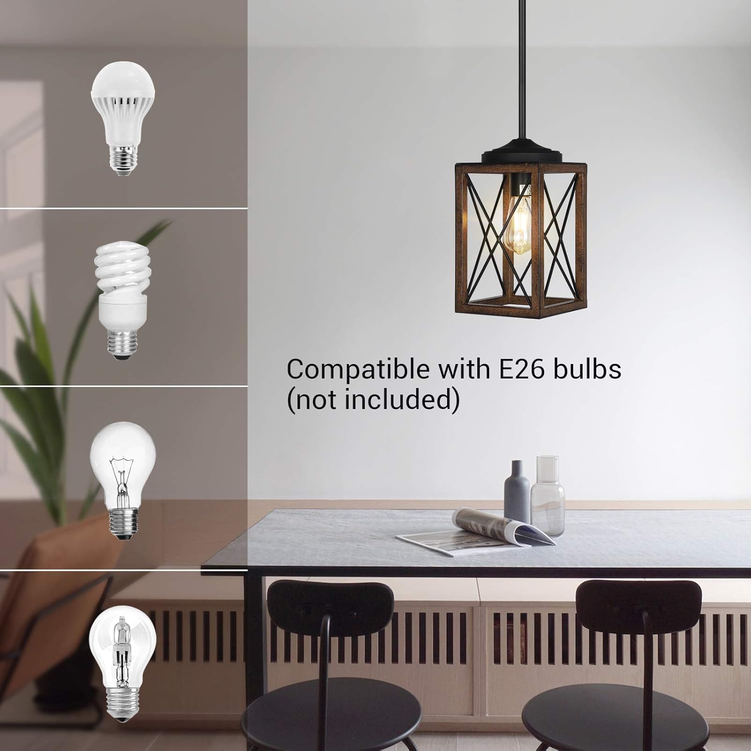 DEWENWILS Farmhouse Pendant Light, Metal Hanging Light Fixture with Wooden Grain Finish, 48 Inch Adjustable Pipes for Flat and Slop Ceiling, Kitchen Island, Bedroom, Dining Hall, E26 Base, ETL Listed - - 