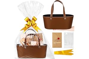 Wonderjune Christmas Baskets for Gifts Empty to Fill Leather Gift Basket With Gift Bags Ribbons Greeting Cards Cute Empty Baskets With Handles For Baby Shower Birthday Favor Wrapping(Brown,Large)