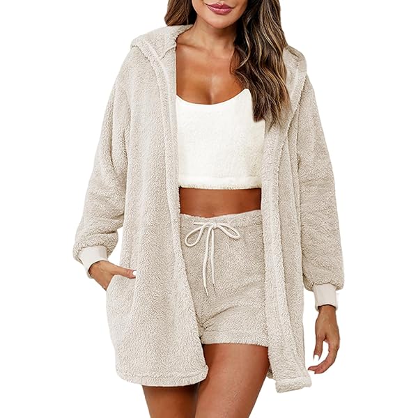 Women's Fuzzy Fleece 3 Piece Outfits Pajamas Soft Sherpa Hooded