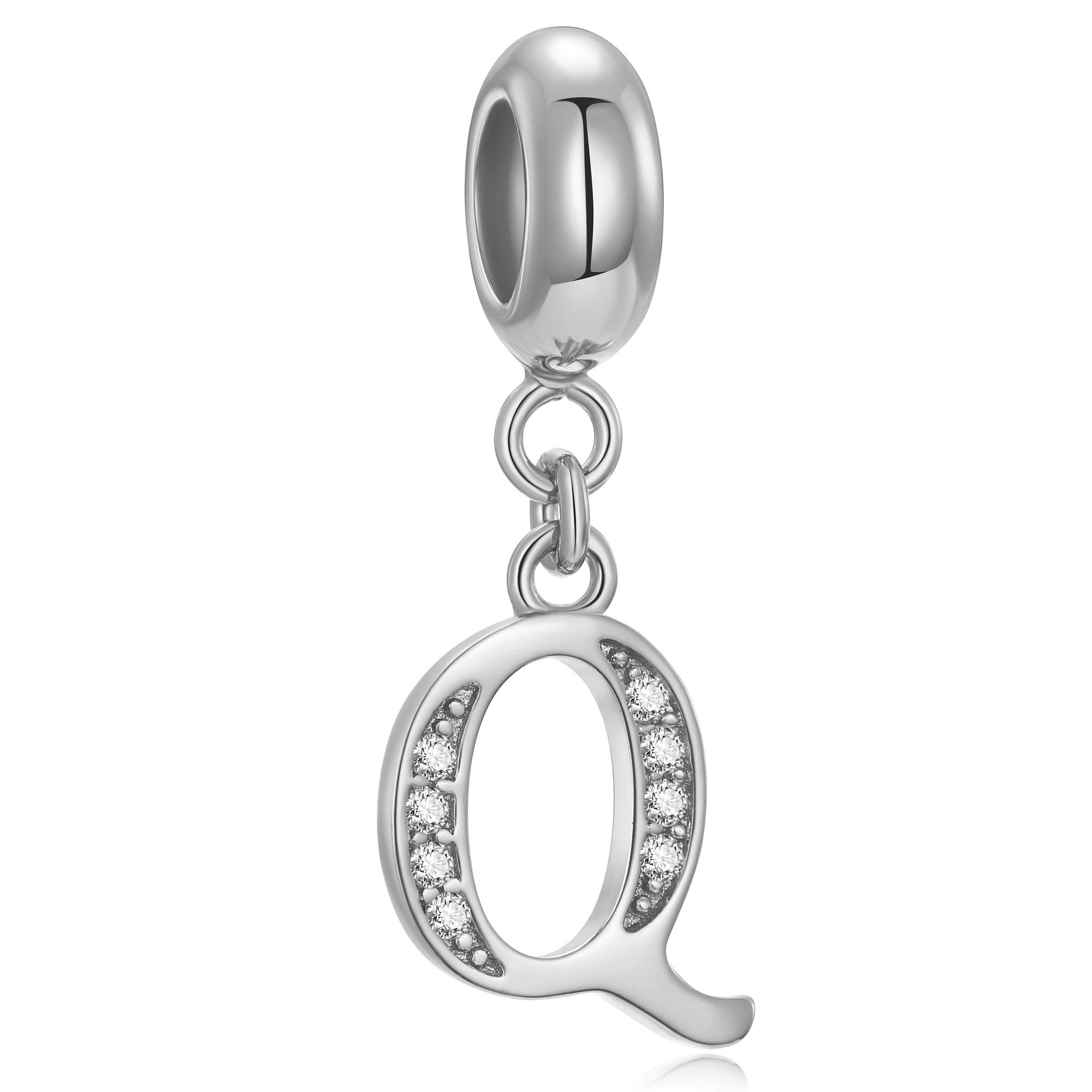 Genuine 925 Sterling Silver Letter Beads Initial A-z Dangle Alphabet Crystal Charm Fits European Bracelet Necklace (Letter Q)