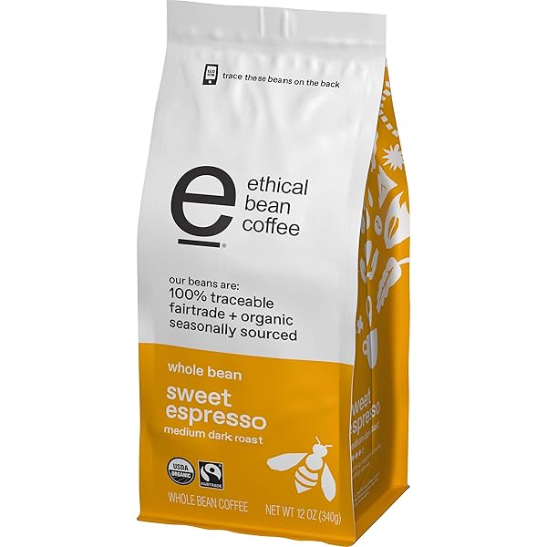 ETHICAL BEAN FAIRTRADE ORGANIC COFFEE, WHOLE BEAN ESPRESSO COFFEE (12 OZ BAG), SWEET ESPRESSO MEDIUM DARK ROAST, 0.75 LB