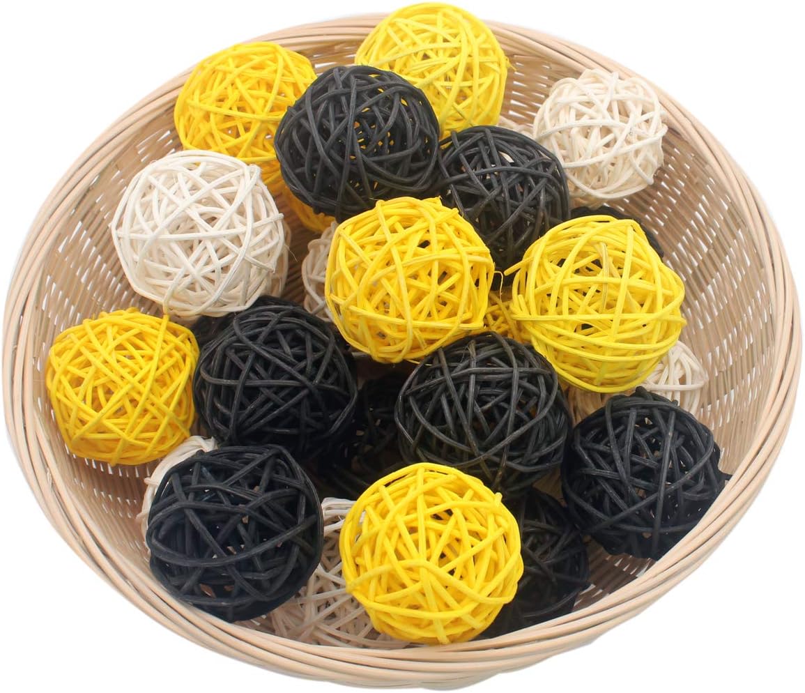 Set of 15 Mixed Yellow Black White 2" Small Decorative Wicker Rattan Balls Natural Sphere Orbs for Vase Bowl Filler DIY Craft Bumblebee Bee Baby Shower Gender Reveal Nursery Home Patio Hanging Decor