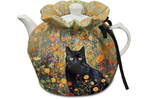 Xoenoiee Black Cat Floral Print Tea Pot Cosy Cotton Tea Cozy for Teapots Dust Cover Insulated Kettle Cover Teapot Warmer for Home Kitchen Decorative Accessories