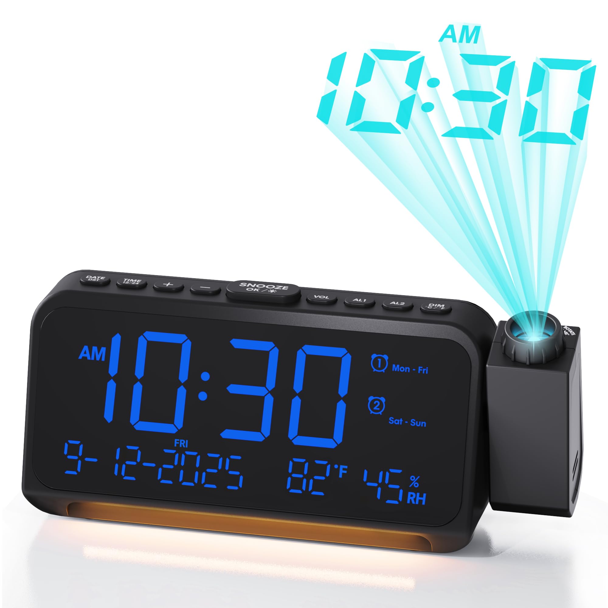 Roxicosly Radio Alarm Clock Bedsides with 350° Projector, Loud Dual Alarm Projection Clock on Ceiling with 5 Dimmer, 7 Volumes, Temp, Humidity, USB & Type C Chargers, Night Light, Weekday Weekend