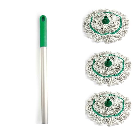 Professional Colour Coded Aluminium Mop Handle and 3 Cotton Mop Heads