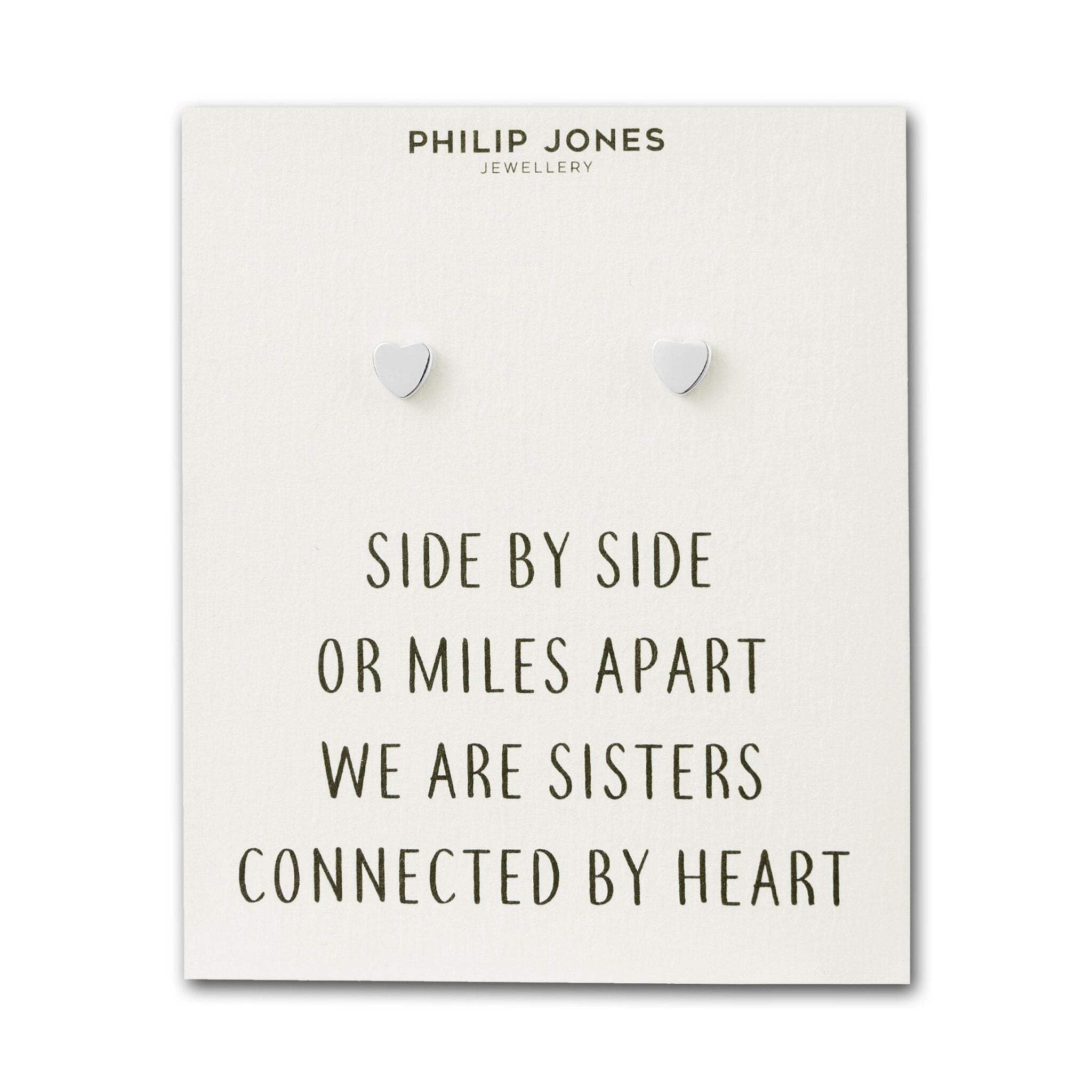 Philip Jones Silver Plated Sister Heart Stud Earrings with Quote Card