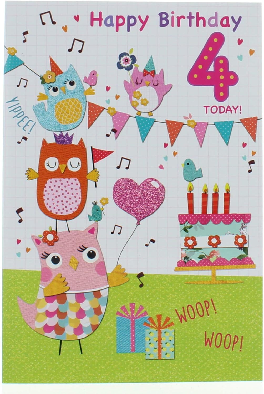 Age 4 Girl Birthday Card 4th Birthday Owls Cake and Bunting 7.5x5.25", green|brown|red|silver, 19.5cm x 13.5cm