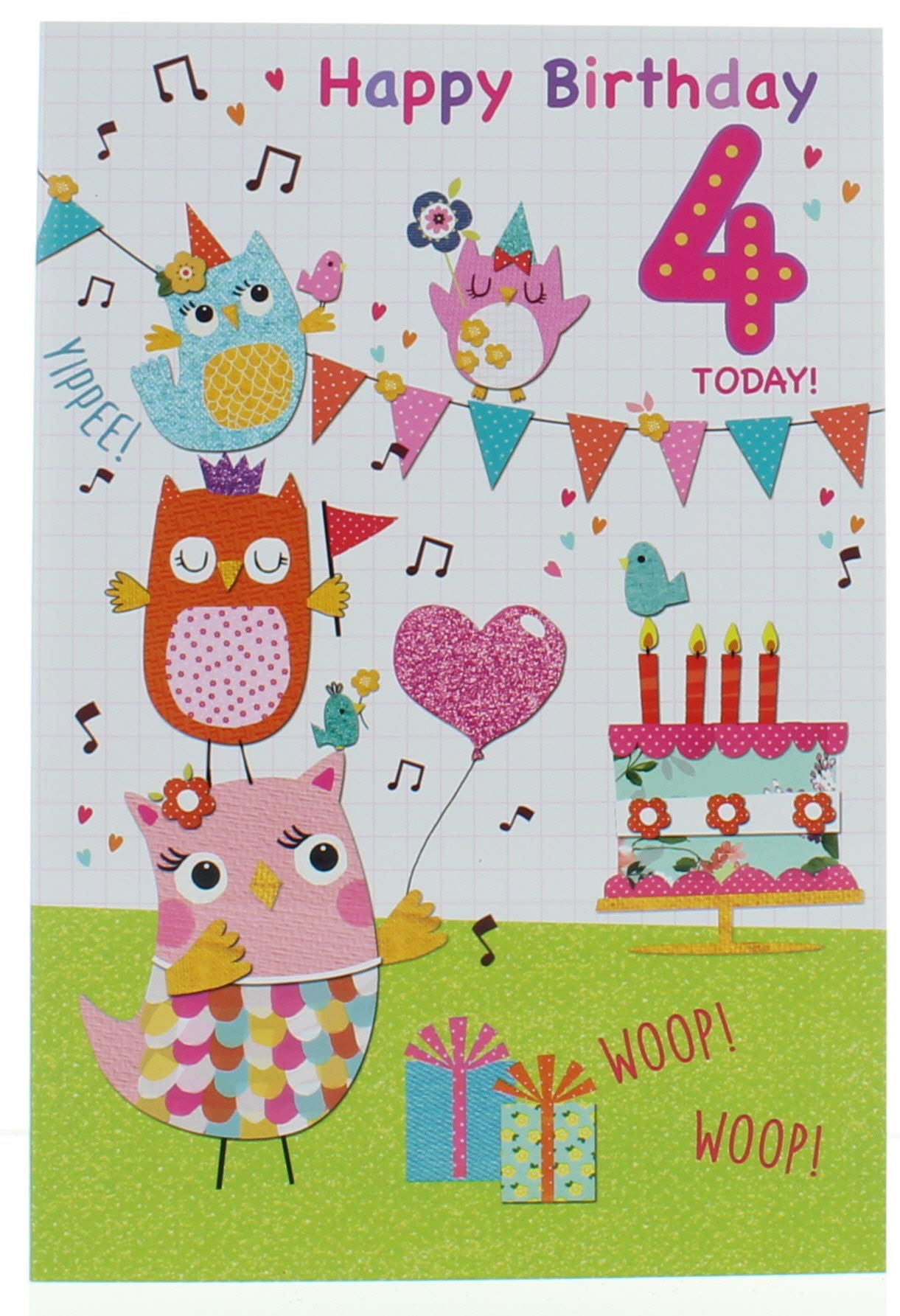 Age 4 Girl Birthday Card 4th Birthday Owls Cake and Bunting 7.5x5.25"