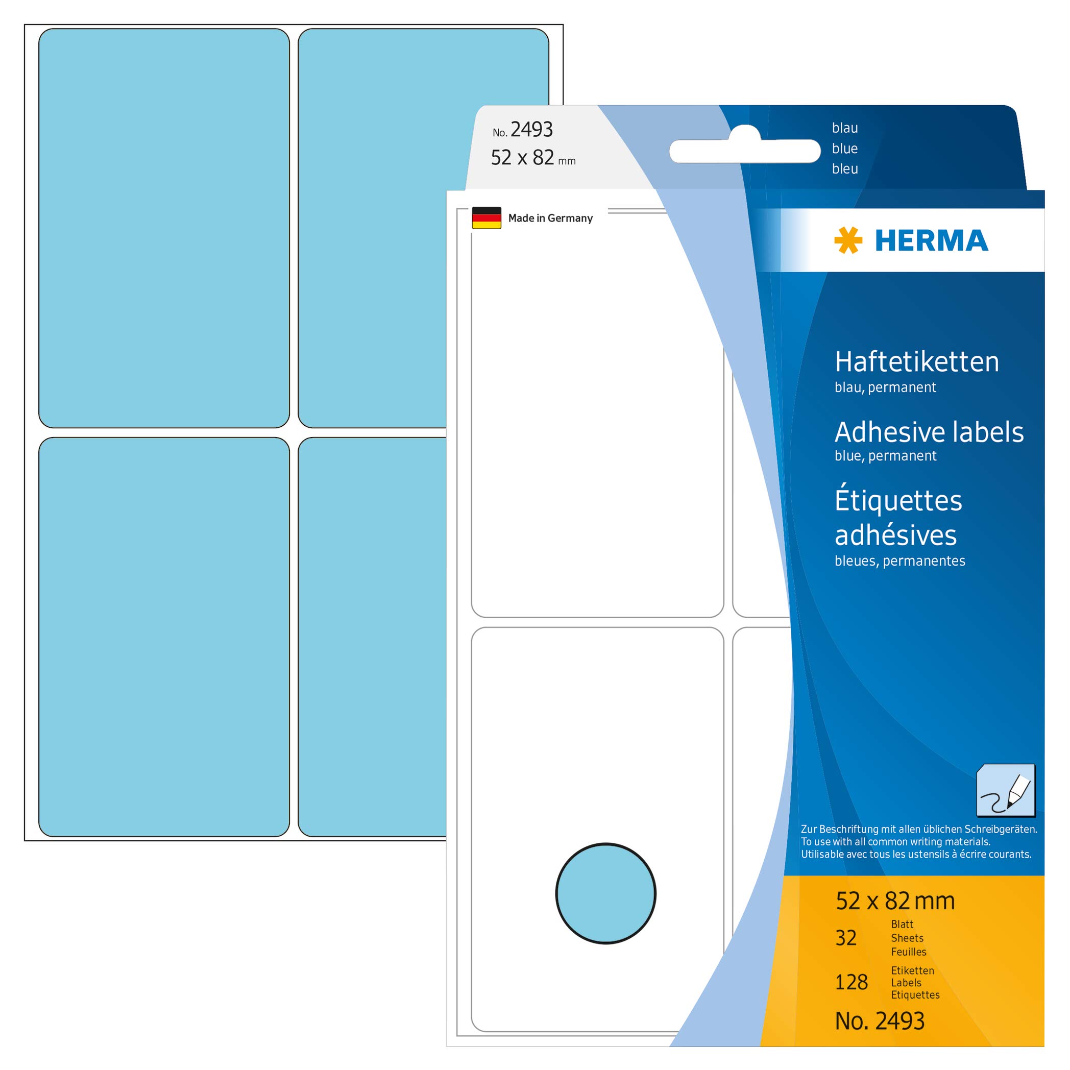 HERMA Multi Purpose Labels, 4 Labels per Sheet, 32 Sheets, 52 x 82 mm, 128 Labels, Self Adhesive Large Labels Stickers, Blank Sticky Labels for Office Kitchen Home, Blue