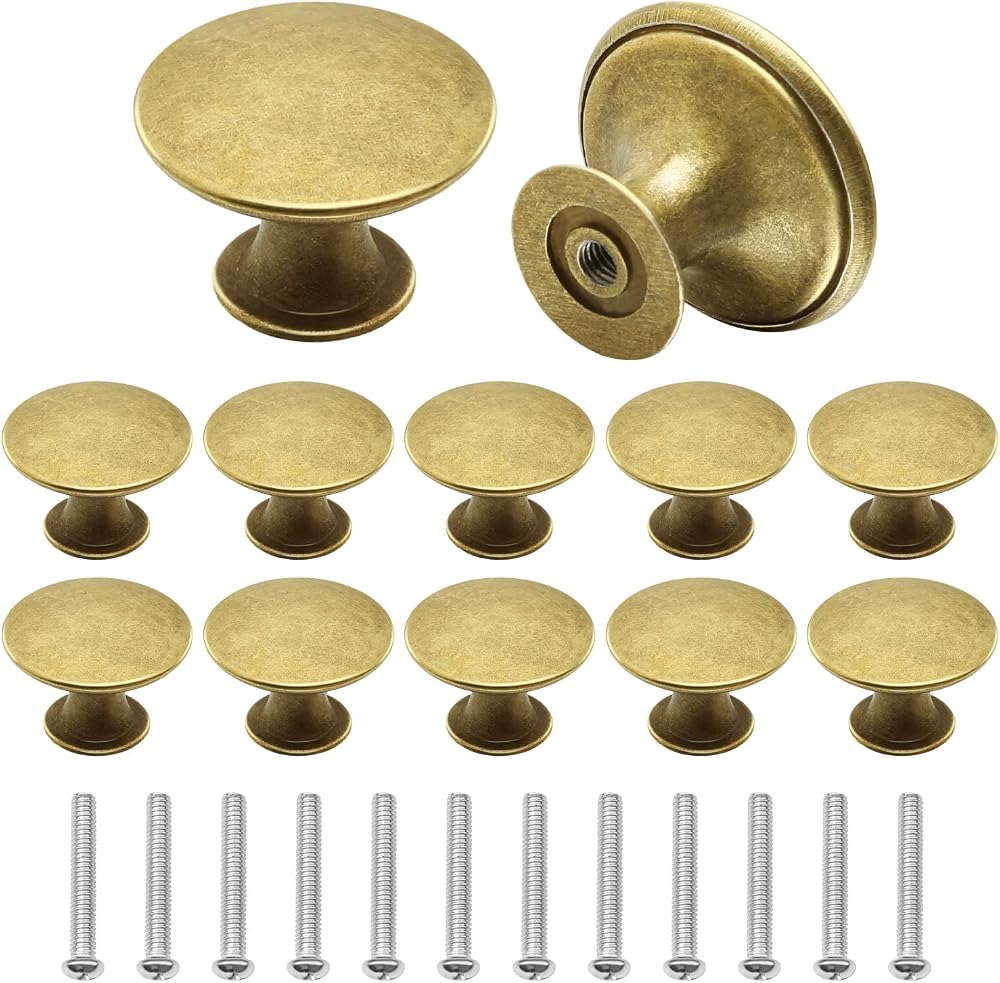 Juibao 12Pcs Gold Cabinet Door Knobs Antique Brass with Screws 30x21mm