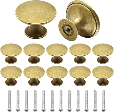 Juibao 12Pcs Gold Cabinet Door Knobs Antique Brass with Screws 30x21mm