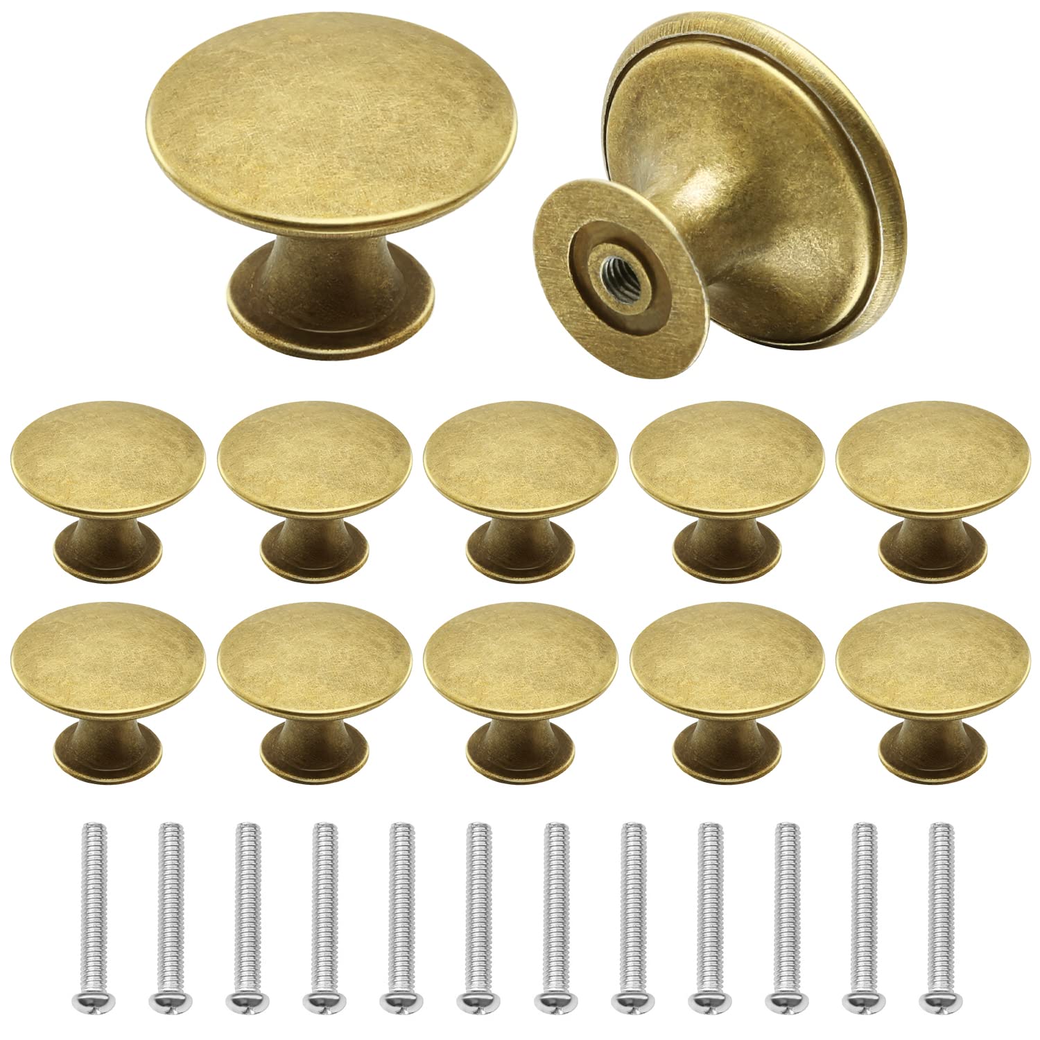 Juibao 12 Pcs Cabinet Door Knobs, Gold Drawer Knob, Antique Brass Door Knobs with Matching Screws for Cupboard, Cabinet, Drawer