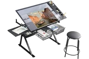 LIFE SKY Drafting Table Adjustable for Artists - Art Drawing Desk with Storage for Painting Sketching - Glass Top for Painters Illustrators Cartoonists Black