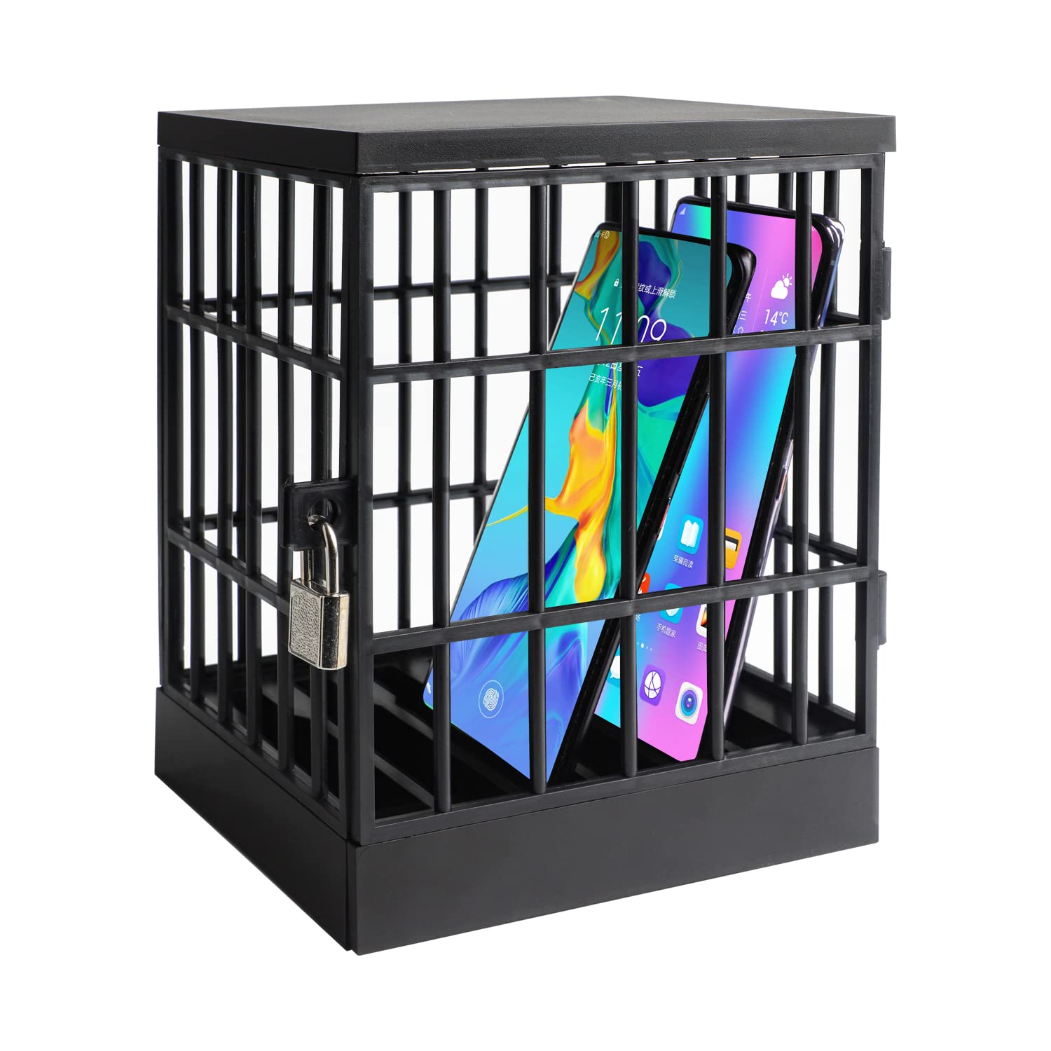 Photo 1 of SANIDIKA Sturdy Cell Block Cell Phone Jail with Lock and Keys,Smartphone Stand Holders Classroom Home Table Office Storage Gadget -Family Time, Party Fun Novelty Gift Idea (Black)
