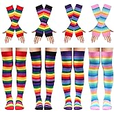WQSOAFU 4 Sets Striped Thigh High Socks Leg Warmers Long Knitted Arm Warmers,Knee High Socks for Women Fingerless Gloves