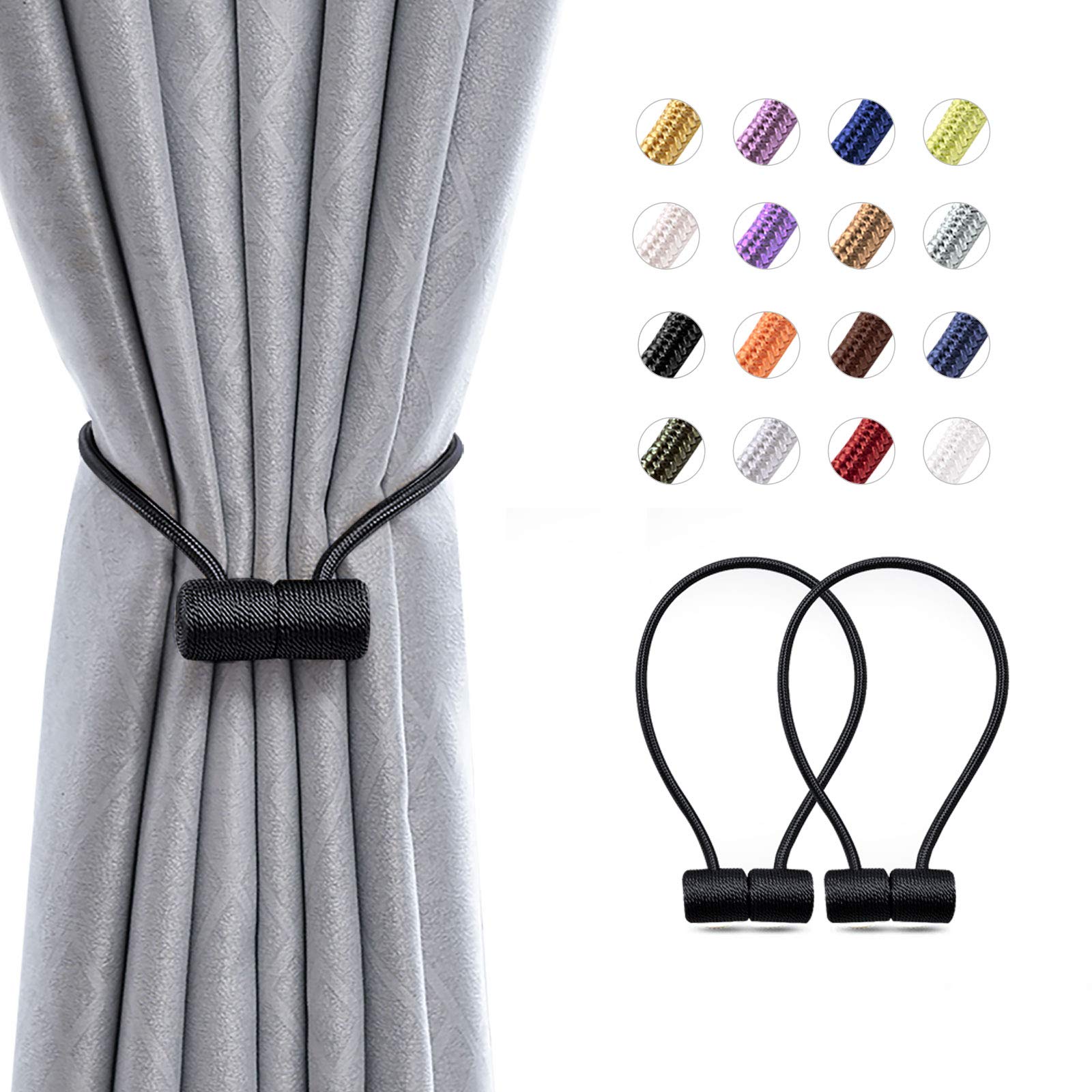 Pretty Jolly 2 Pack Magnetic Curtain Tiebacks 16 Inch Modern Handmade Weave Rope Curtain Holdbacks Convenient Decorative Curtain Drape Tie Backs for Home and Office Window Drapery (Black)