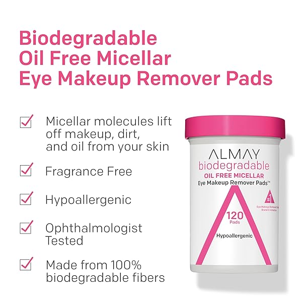 ALMAY BIODEGRADABLE MAKEUP REMOVER PADS, MICELLAR GENTLE, HYPOALLERGENIC, FRAGRANCE-FREE, DERMATOLOGIST & OPHTHALMOLOGIST TESTED, 120 COUNT