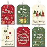 Christmas Gift Tags with String, 48 Pcs Christmas Hanging Tags Label Gold Foil Xmas Present Tag for DIY Xmas Holiday Present Wrapping Decorations, 6 Styles