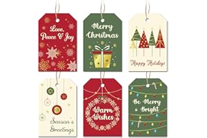 GRADESIN Christmas Gift Tags with String, 48 Pcs Christmas Hanging Tags Label Gold Foil Xmas Present Tag for DIY Xmas Holiday Present Wrapping Decorations, 6 Styles