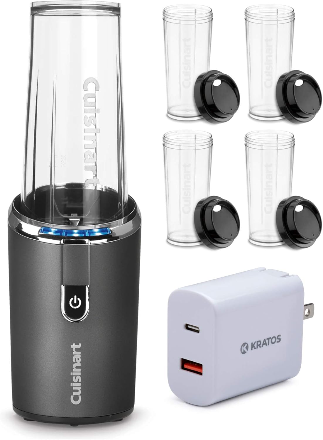 Cuisinart RPB-100 EvolutionX Cordless Rechargeable Compact Blender with Four Extra Travel Cups and Bonus Power Adapter Bundle (3 Items)