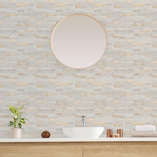STICKGOO PEEL AND STICK BACKSPLASH, PVC WALL TILES STICK ON BACKSPLASH FOR KITCHEN(10 SHEETS, BEIGE WITH METAL GOLD)